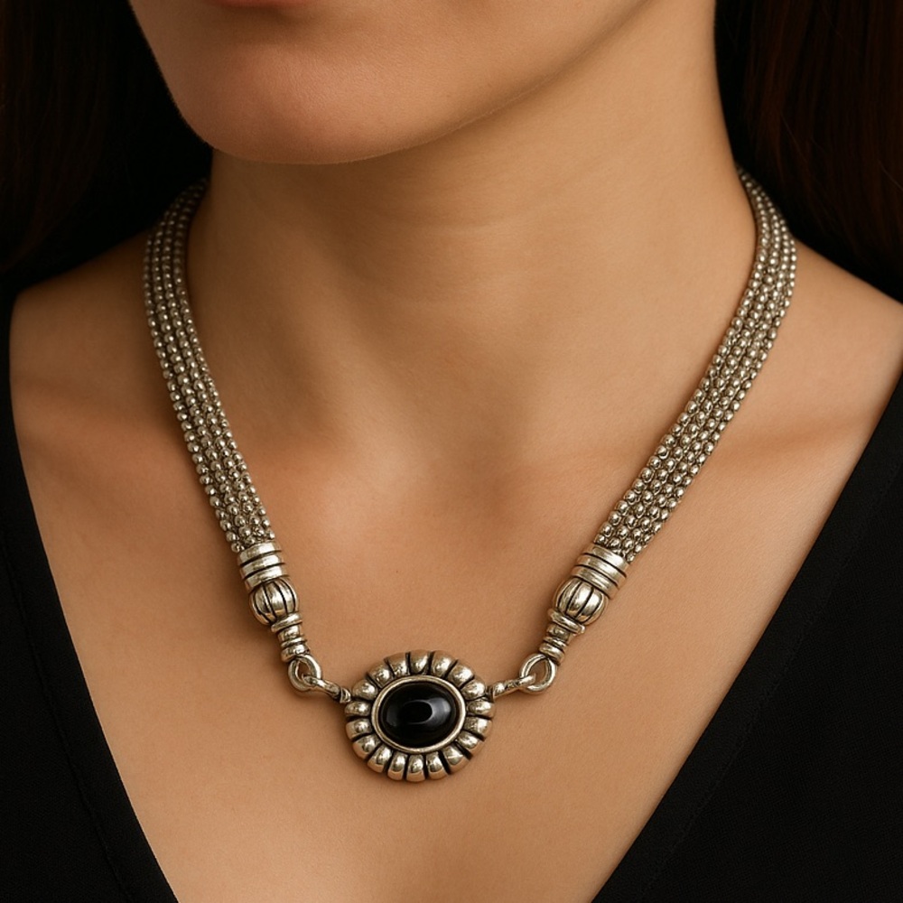Lagos Caviar Two Tone Black Onyx Pendant w/ Silver Multi Strand Necklace